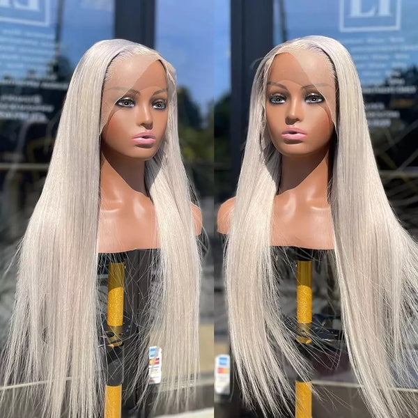 Virgin Human Hair Silver Grey Lace Front Wig Straight Style